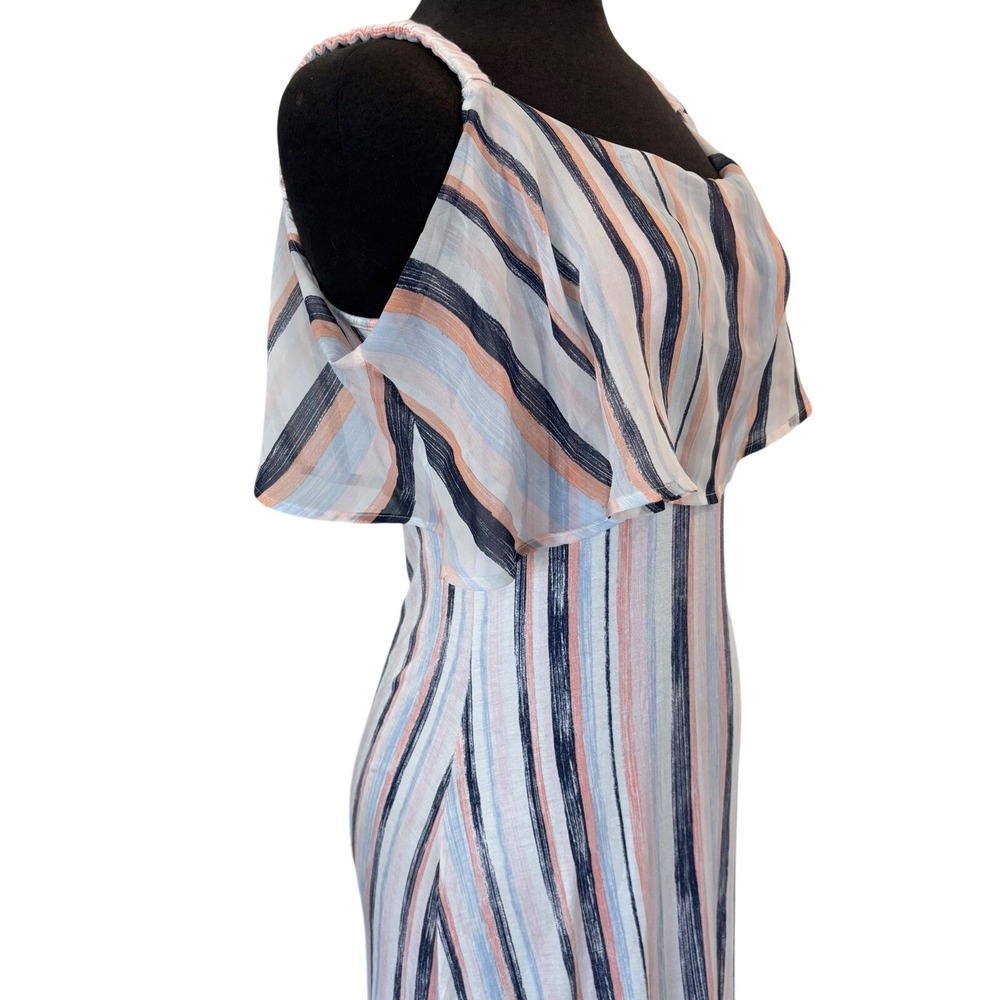 Design 365 Womens Striped Cold Shoulder Ruffle Maxi Dress Navy Peach Blue Small